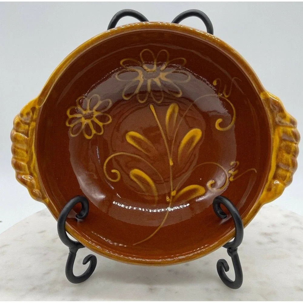 Williams Sonoma Dish Bowl Brown Yellow Flower‎ Pottery Portugal